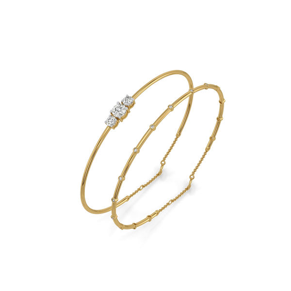 Three Stone Pure Gold Lab Diamond Three Stone Bangle Set