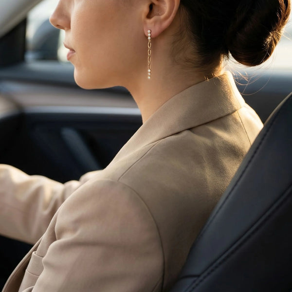 runway links lab diamond drop earrings wearing by woman
