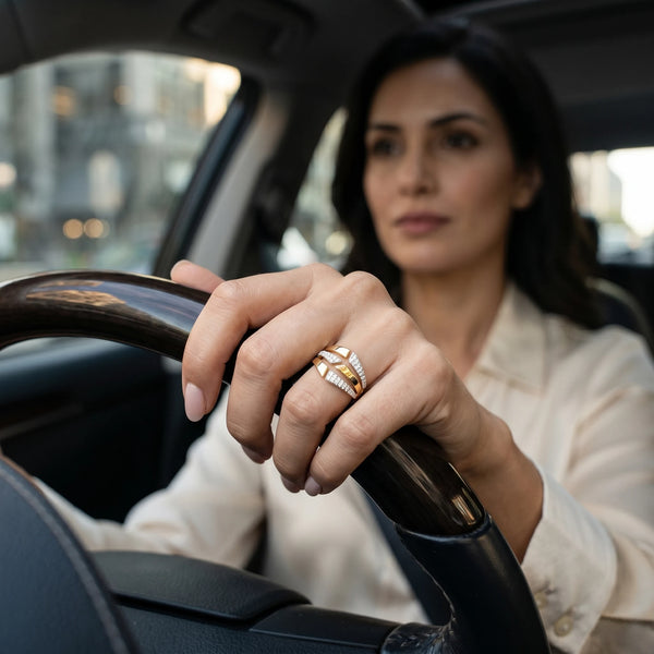 The Editorial Edge Lab Diamond Cocktail Ring wears by woman