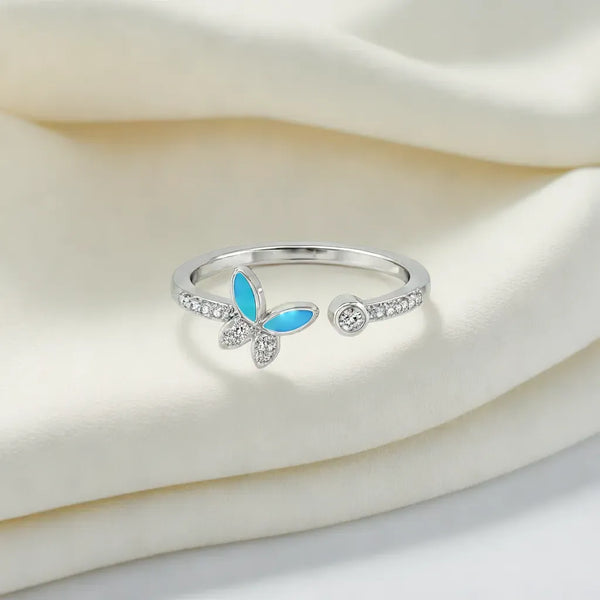 Lukson Turquoise Butterfly 925 Sterling Silver Lab Grown Diamond Ring