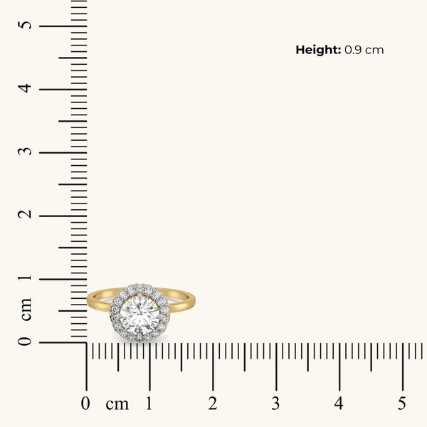 Bare Elegance Pure Gold Lab Diamond Halo Ring - Dimension measure on scale