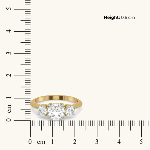Purist Round Trio Pure Gold Lab Diamond Three Stone Ring Dimension measure on scale 