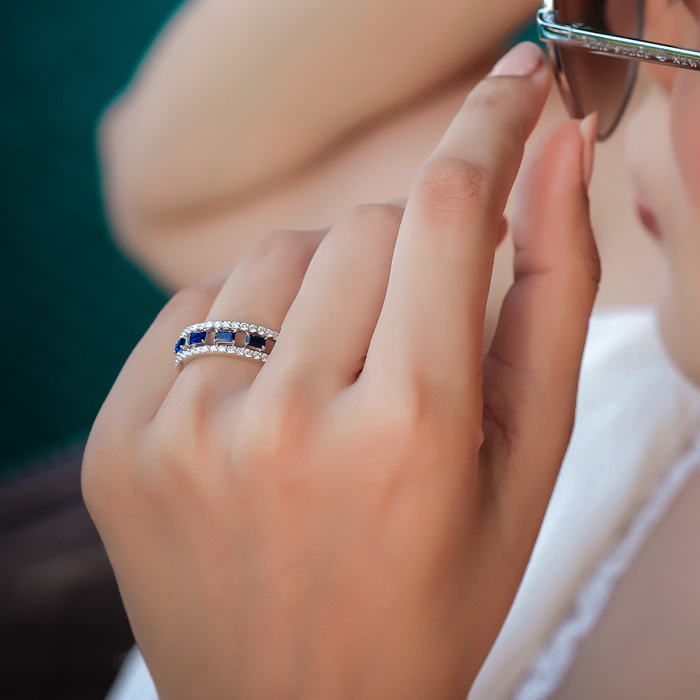Blue Sapphire Soiree Fashion Ring-925 Sterling Silver Lab Grown Diamond Ring