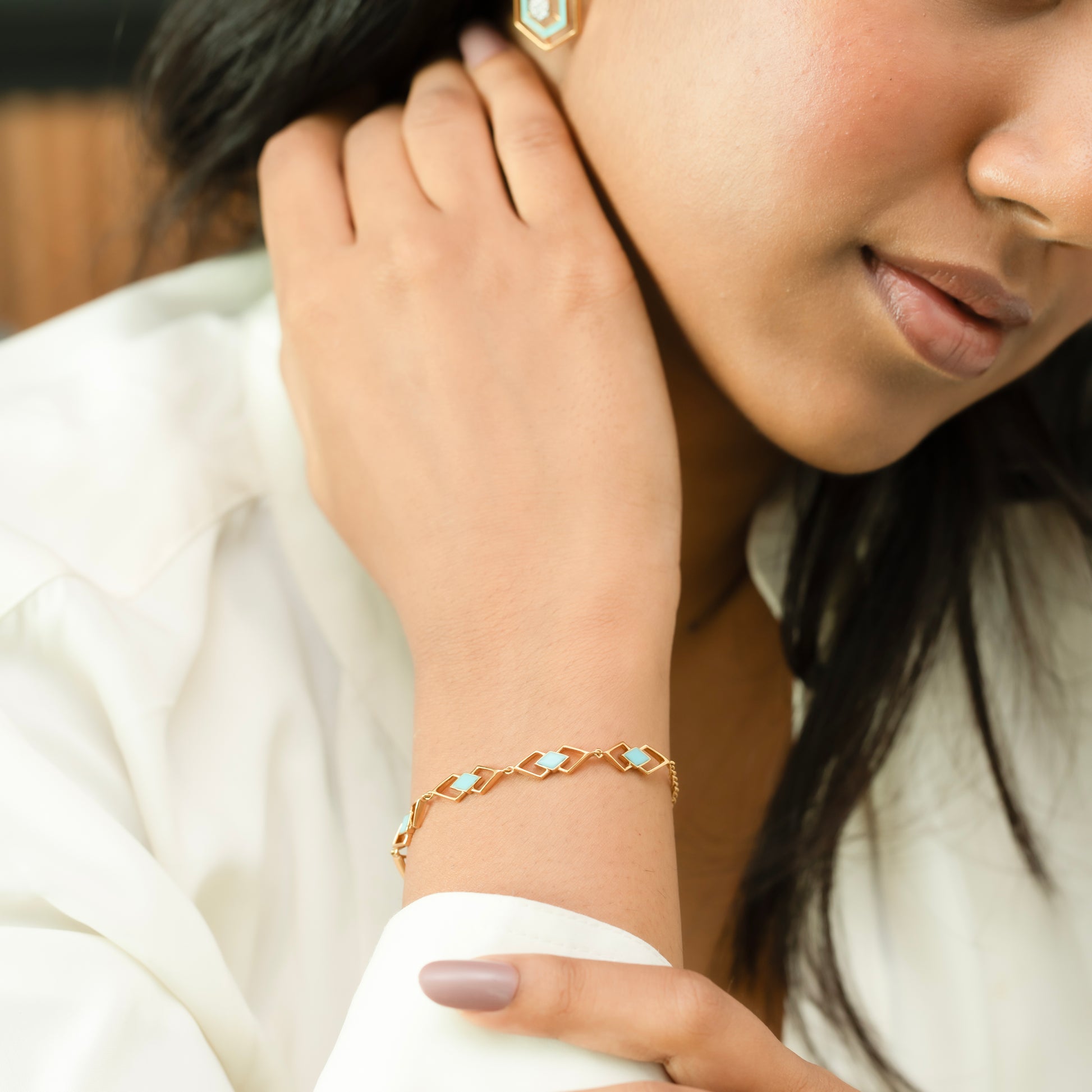 Icy Blue Enamel Geometric - 18kt Gold Vermeil Bracelet 