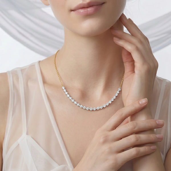 Open Mesh Pure Gold Lab Diamond Necklace - wearing by woman
 